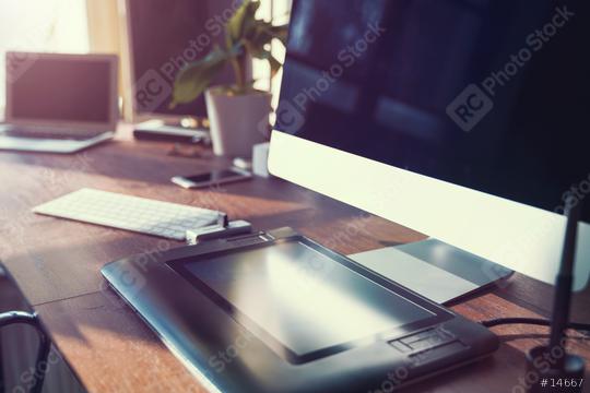 Computer on desktop in hipster workplace office - no people  : Stock Photo or Stock Video Download rcfotostock photos, images and assets rcfotostock | RC-Photo-Stock.: