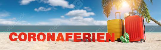 Coronaferien (German for: Corona Holidays for coronavirus pandemic) concept with slogan on the beach with Suitcase, Palm tree, flip-flops and blue sky  : Stock Photo or Stock Video Download rcfotostock photos, images and assets rcfotostock | RC-Photo-Stock.: