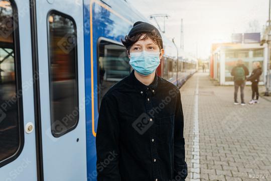 Coronavirus, COVID-19. Young modern man with medical face mask to protect against the coronavirus while waiting for the train on the subway platform. Mouth protection obligation at the train station  : Stock Photo or Stock Video Download rcfotostock photos, images and assets rcfotostock | RC Photo Stock.: