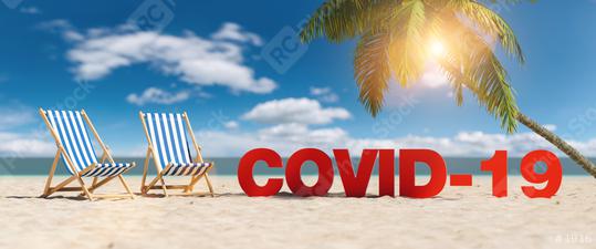 Covid-19 Coronavirus epidemic concept with slogan on the beach with deckchairs, Palm tree and blue sky  : Stock Photo or Stock Video Download rcfotostock photos, images and assets rcfotostock | RC Photo Stock.: