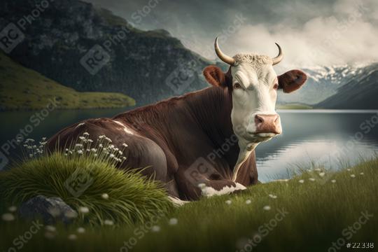 cow on a mountain lake in the alps with dramatic sky (Generative AI)  : Stock Photo or Stock Video Download rcfotostock photos, images and assets rcfotostock | RC Photo Stock.: