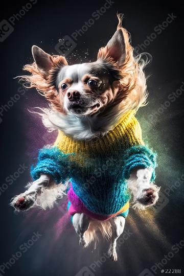 crazy chihuahua dog in colorful Sweater jumping against ink powder background (Generative AI)  : Stock Photo or Stock Video Download rcfotostock photos, images and assets rcfotostock | RC Photo Stock.:
