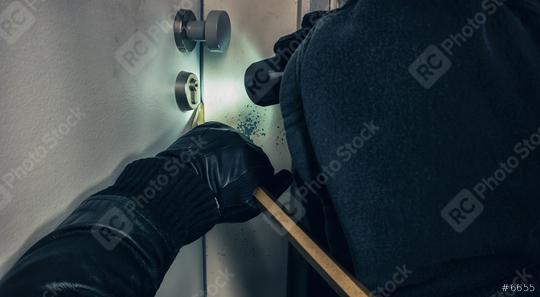 Criminal opens door with crowbar and Black Leather Gloves at Night  : Stock Photo or Stock Video Download rcfotostock photos, images and assets rcfotostock | RC Photo Stock.: