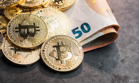 cryptocurrency Bitcoins, on top of Euro banknotes  : Stock Photo or Stock Video Download rcfotostock photos, images and assets rcfotostock | RC Photo Stock.: