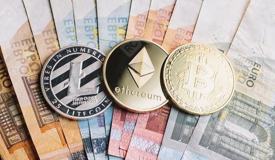 cryptocurrency coins - Litecoin, Bitcoin, Ethereum on top of Euro banknotes  - Buy at rcfotostock this photo and find more royalty-free stock photos,  images, illustrations and vector graphics - RC-PHOTO-STOCK - 6681