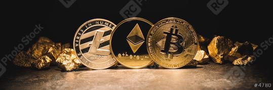 cryptocurrencys Ethereum, Bitcoin, Litecoin and mound of gold - Business concept image  : Stock Photo or Stock Video Download rcfotostock photos, images and assets rcfotostock | RC Photo Stock.: