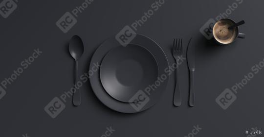 Cup of coffee with black fork, knife and spoon, top view. Clear ceramic dishware with set cutlery design. Empty black table ware for lunch or dinner in cafe. copyspace for your individual text.  : Stock Photo or Stock Video Download rcfotostock photos, images and assets rcfotostock | RC Photo Stock.: