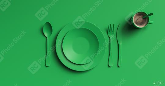 Cup of coffee with green fork, knife and spoon, top view. Clear ceramic dishware with set cutlery design. Empty green table ware for lunch or dinner in cafe. copyspace for your individual text.  : Stock Photo or Stock Video Download rcfotostock photos, images and assets rcfotostock | RC Photo Stock.: