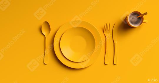 Cup of coffee with orange fork, knife and spoon, top view. Clear ceramic dishware with set cutlery design. Empty orange table ware for lunch or dinner in cafe. copyspace for your individual text.  : Stock Photo or Stock Video Download rcfotostock photos, images and assets rcfotostock | RC Photo Stock.: