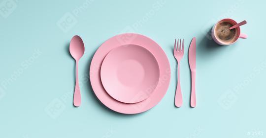 Cup of coffee with pink fork, knife and spoon, top view. Clear ceramic dishware with set cutlery design. Empty green table ware for lunch or dinner in cafe. copyspace for your individual text.  : Stock Photo or Stock Video Download rcfotostock photos, images and assets rcfotostock | RC Photo Stock.:
