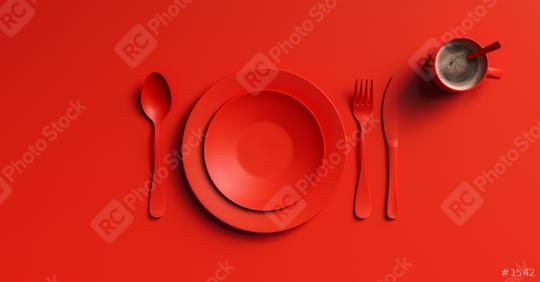 Cup of coffee with red fork, knife and spoon, top view. Clear ceramic dishware with set cutlery design. Empty red table ware for lunch or dinner in cafe. copyspace for your individual text.  : Stock Photo or Stock Video Download rcfotostock photos, images and assets rcfotostock | RC Photo Stock.: