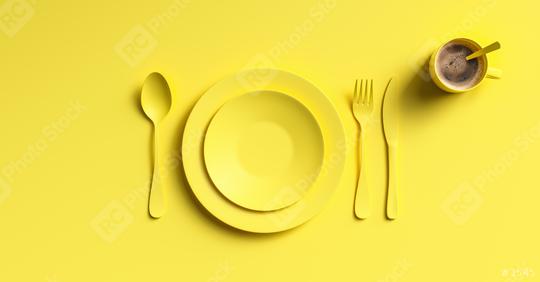 Cup of coffee with yellow fork, knife and spoon, top view. Clear ceramic dishware with set cutlery design. Empty green table ware for lunch or dinner in cafe. copyspace for your individual text.  : Stock Photo or Stock Video Download rcfotostock photos, images and assets rcfotostock | RC Photo Stock.:
