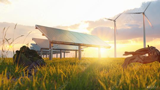 Dawn of new renewable energy technologies. Modern efficient solar panels and a wind turbine system in warm sunset light  : Stock Photo or Stock Video Download rcfotostock photos, images and assets rcfotostock | RC Photo Stock.: