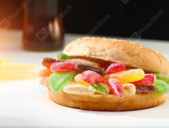Delicious homemade Hamburger made of colorful gummy sweets  : Stock Photo or Stock Video Download rcfotostock photos, images and assets rcfotostock | RC Photo Stock.: