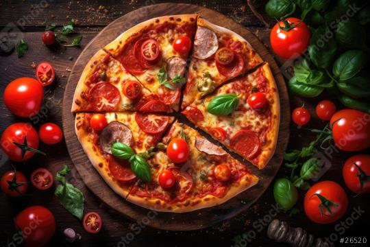 Delicious pizza with various toppings, tomatoes, and basil on a rustic wooden table  : Stock Photo or Stock Video Download rcfotostock photos, images and assets rcfotostock | RC Photo Stock.: