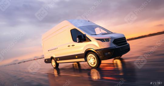 Delivery van or truck of a haulage company drives out a freight on the road in the sunset  : Stock Photo or Stock Video Download rcfotostock photos, images and assets rcfotostock | RC Photo Stock.: