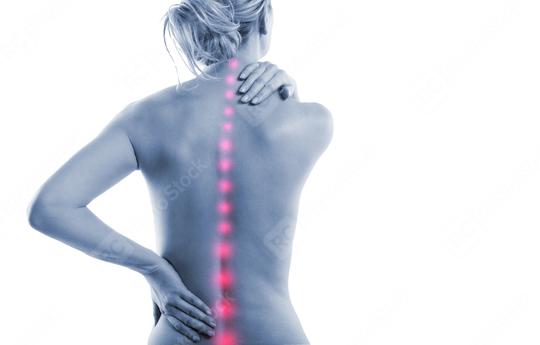 A woman holding her lower back and shoulder, illustrating back pain with highlighted red spots along the spine, representing discomfort or spinal issues in a medical context  : Stock Photo or Stock Video Download rcfotostock photos, images and assets rcfotostock | RC Photo Stock.: