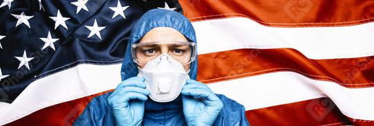 Doctor wearing protection Suit for Fighting Covid-19 (Corona virus) SARS infection Protective Equipment (PPE), Against The American Flag Banner. banner size.  : Stock Photo or Stock Video Download rcfotostock photos, images and assets rcfotostock | RC Photo Stock.: