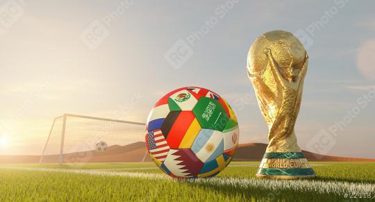 Doha, Qatar, August 2022:. Fifa world cup 2022 celebration winning trophy with Big soccer ball with country flags and gate in desert of Qatar.  : Stock Photo or Stock Video Download rcfotostock photos, images and assets rcfotostock | RC Photo Stock.: