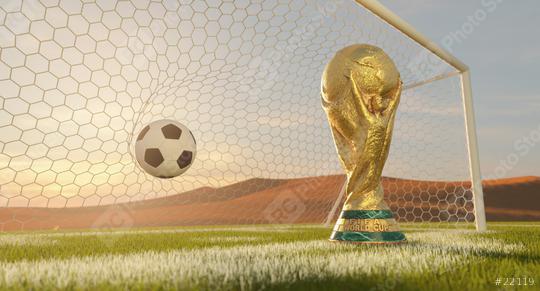 Doha, Qatar, August 2022:. Fifa world cup 2022 celebration winning trophy with soccer ball in gate net in desert of Qatar.  : Stock Photo or Stock Video Download rcfotostock photos, images and assets rcfotostock | RC Photo Stock.: