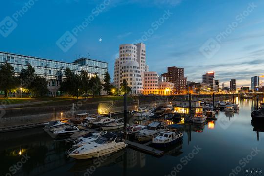 dusseldorf media medienhafen at sunset with moon  : Stock Photo or Stock Video Download rcfotostock photos, images and assets rcfotostock | RC Photo Stock.: