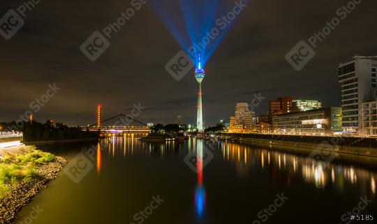 Dusseldorf skyline at night with light beaming from the rheinturm  : Stock Photo or Stock Video Download rcfotostock photos, images and assets rcfotostock | RC Photo Stock.: