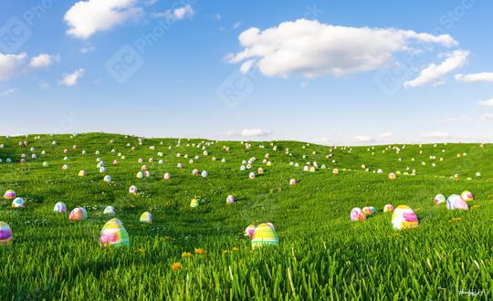 Easter background. Easter eggs laying in green grass under blue cloudy sky.  : Stock Photo or Stock Video Download rcfotostock photos, images and assets rcfotostock | RC-Photo-Stock.: