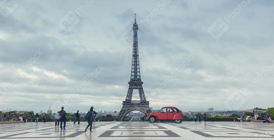 Eiffel Tower in Paris. View over the Tour Eiffel from Trocadero square with red retro car. Paris, France  : Stock Photo or Stock Video Download rcfotostock photos, images and assets rcfotostock | RC Photo Stock.: