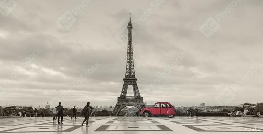 Eiffel Tower, Paris, France and retro red car at the Tour Eiffel on Trocadero square.  : Stock Photo or Stock Video Download rcfotostock photos, images and assets rcfotostock | RC Photo Stock.: