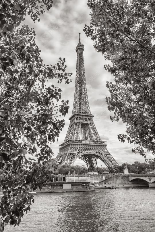 Eiffel Tower view on Seine river in Paris, France. Black and white colored  : Stock Photo or Stock Video Download rcfotostock photos, images and assets rcfotostock | RC Photo Stock.: