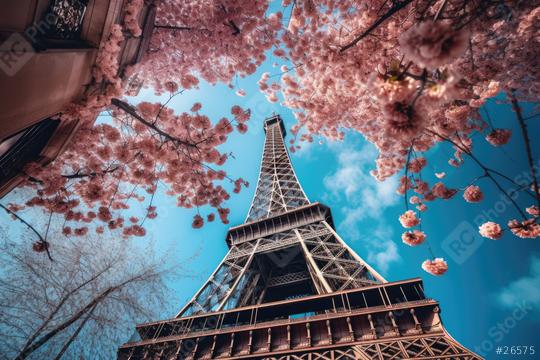 Eiffel Tower viewed from below, framed by vibrant cherry blossoms  : Stock Photo or Stock Video Download rcfotostock photos, images and assets rcfotostock | RC Photo Stock.: