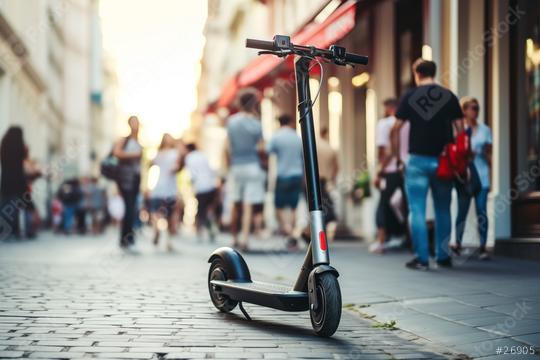 Electric scooter parked on a city street with walking people
  : Stock Photo or Stock Video Download rcfotostock photos, images and assets rcfotostock | RC Photo Stock.:
