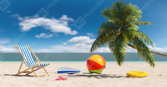 Empty beach chair with beach ball flip-flop sandals, beach umbrella under a palm tree at the beach during a summer vacation in the Caribbean  : Stock Photo or Stock Video Download rcfotostock photos, images and assets rcfotostock | RC-Photo-Stock.: