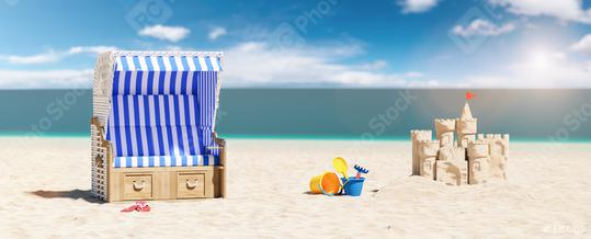 Empty beach chair with Sand castle and sand toys on the beach of the Baltic Sea or North Sea in Germany as a summer vacation concept image, copy space for individual text  : Stock Photo or Stock Video Download rcfotostock photos, images and assets rcfotostock | RC Photo Stock.: