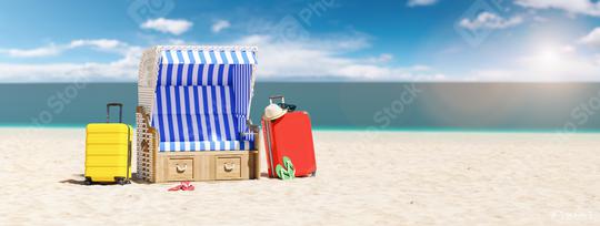Empty beach chair with suitcases flip-flop sandals, sunglasses on the beach of the Baltic Sea or North Sea in Germany as a summer vacation concept image, copy space for individual text  : Stock Photo or Stock Video Download rcfotostock photos, images and assets rcfotostock | RC Photo Stock.: