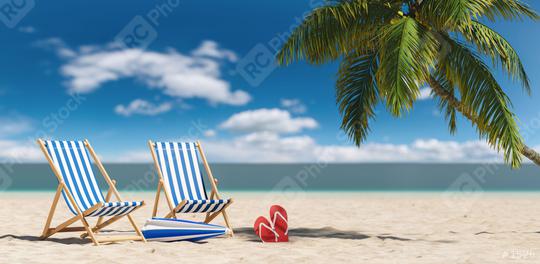 Empty beach chairs with flip-flop sandals next to a palm tree at the beach during a summer vacation in the Caribbean  : Stock Photo or Stock Video Download rcfotostock photos, images and assets rcfotostock | RC Photo Stock.: