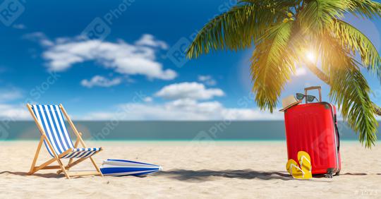 Empty beach chairs with suitcase flip-flop sandals, sunglasses under a palm tree at the beach during a summer vacation in the Caribbean  : Stock Photo or Stock Video Download rcfotostock photos, images and assets rcfotostock | RC Photo Stock.: