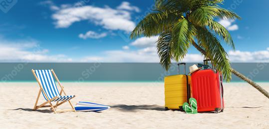 Empty beach chairs with suitcases flip-flop sandals, sunglasses under a palm tree at the beach during a summer vacation in the Caribbean  : Stock Photo or Stock Video Download rcfotostock photos, images and assets rcfotostock | RC Photo Stock.: