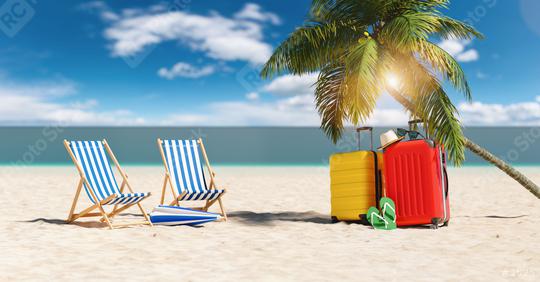 Empty beach chairs with suitcases flip-flop sandals, sunglasses under a palm tree at the beach during a summer vacation in the Caribbean  : Stock Photo or Stock Video Download rcfotostock photos, images and assets rcfotostock | RC Photo Stock.: