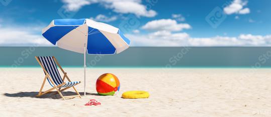 Empty deckchair with beach ball flip-flop sandals, beach umbrella and beach ball at the beach during a summer vacation in the Caribbean  : Stock Photo or Stock Video Download rcfotostock photos, images and assets rcfotostock | RC Photo Stock.: