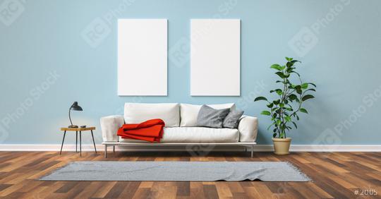 Empty white canvas on blue wall with sofa in the living room  : Stock Photo or Stock Video Download rcfotostock photos, images and assets rcfotostock | RC Photo Stock.:
