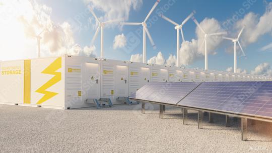 energy storage system. Renewable energy power plants - photovoltaics, wind turbine farm and battery containe. New Energy Concept image  : Stock Photo or Stock Video Download rcfotostock photos, images and assets rcfotostock | RC Photo Stock.:
