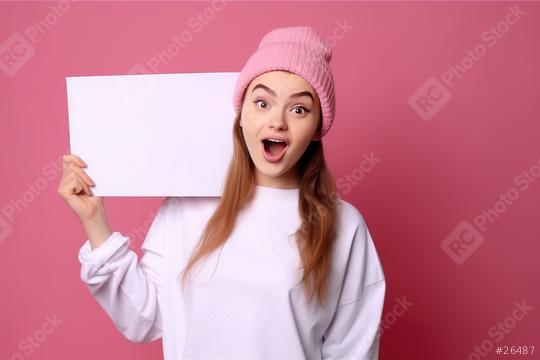 Excited young woman in pink beanie holding blank white sign  : Stock Photo or Stock Video Download rcfotostock photos, images and assets rcfotostock | RC Photo Stock.: