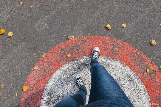 Feet From Above Concept, Teenage Person in  Sneakers Standing on the street in a circle, Blank Copy Space in Front, Point of view shot  : Stock Photo or Stock Video Download rcfotostock photos, images and assets rcfotostock | RC Photo Stock.: