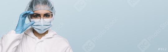 Female Doctor or Nurse Wearing latex protective gloves and medical Protective Mask and glasses on face. Protection for Coronavirus COVID-19, with copyspace for your individual text.  : Stock Photo or Stock Video Download rcfotostock photos, images and assets rcfotostock | RC Photo Stock.: