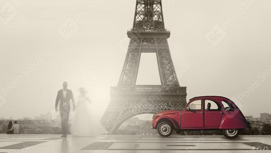 first wedding couple with red car at the Trocadero square and the Eiffel Tower  : Stock Photo or Stock Video Download rcfotostock photos, images and assets rcfotostock | RC Photo Stock.: