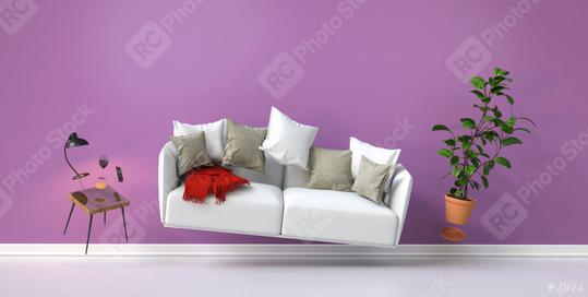 Floating furniture with a lamp and sofa in zero gravity in the living room with a pink wall  : Stock Photo or Stock Video Download rcfotostock photos, images and assets rcfotostock | RC Photo Stock.: