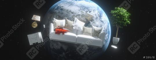 Flying sofa and furniture in weightlessness in space with View of the planet Earth 3D rendering elements of this image furnished by NASA.  : Stock Photo or Stock Video Download rcfotostock photos, images and assets rcfotostock | RC Photo Stock.: