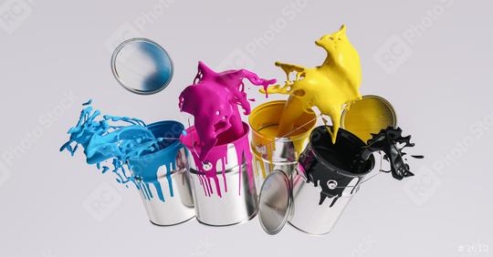 Four paint cans splashing CMYK colors, printing concept image  : Stock Photo or Stock Video Download rcfotostock photos, images and assets rcfotostock | RC Photo Stock.: