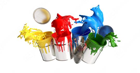 Four paint cans splashing different bright colors isolated on white background, renovation concept image  : Stock Photo or Stock Video Download rcfotostock photos, images and assets rcfotostock | RC Photo Stock.: